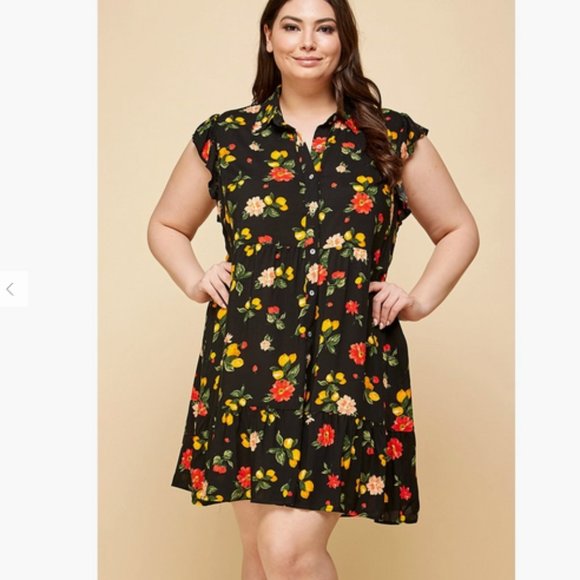 button front tiered babydoll dress flutter sleeves, - Picture 1 of 3